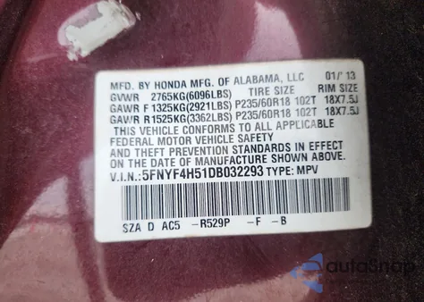 2013 Honda Pilot Exl z USA, uszkodzony, nr VIN 5FNYF4H51DB032293